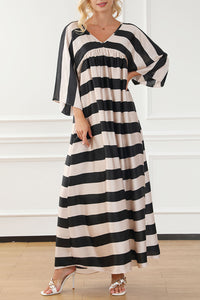 Black V Neck Kimono Sleeve Black and White Striped Maxi Long Dress