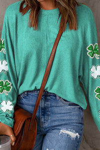 Women's St Patricks Day Shirt Green Sequined St Patrick Clover Patched Long Sleeve Top