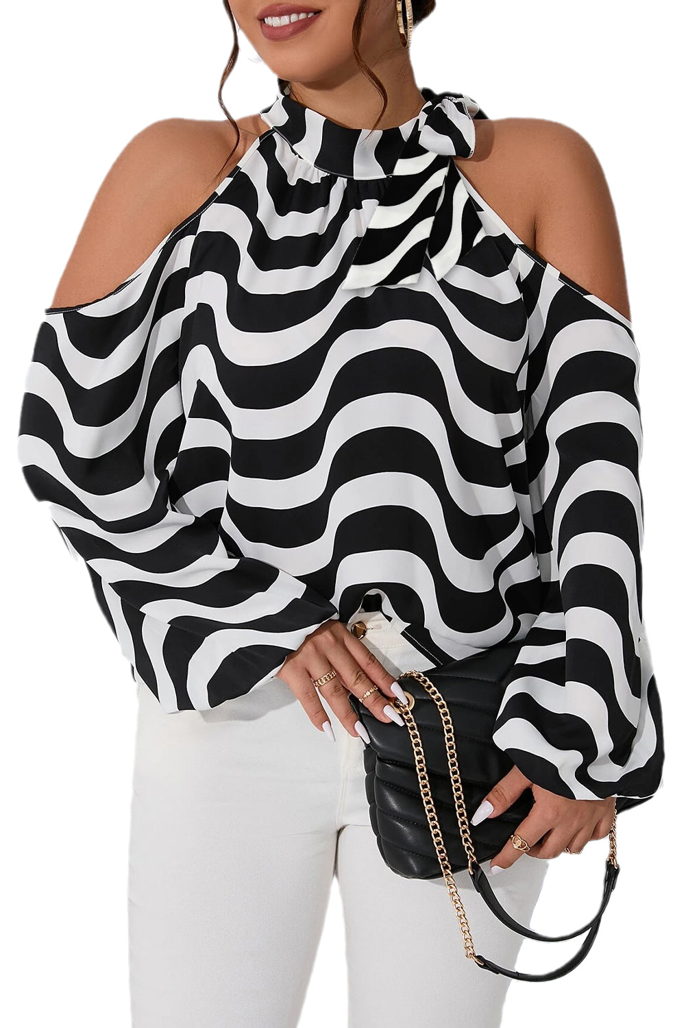 White Plus Size Women's SHirt Black and White Striped Cold Shoulder Halter Neck Blouse