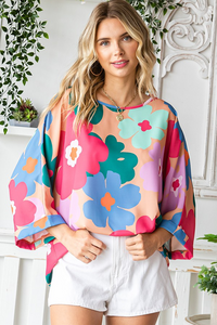 Pink Boho Floral Print Bracelet Sleeve Oversized Blouse