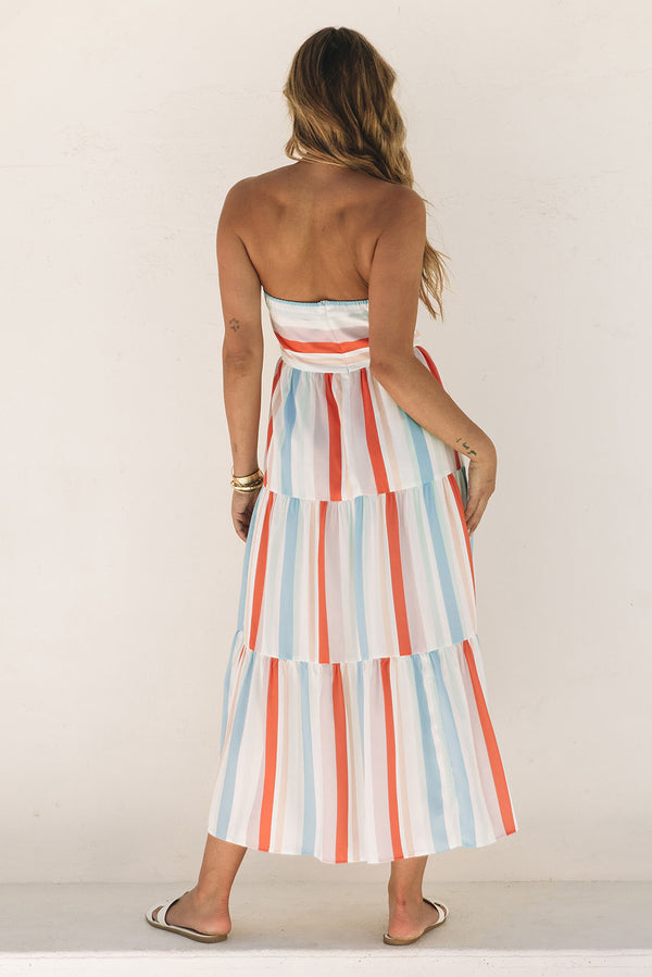 KESLEY Sleeveless Casual Long Dress Multicolor Striped Tie Decor Strapless Tiered Maxi Dress