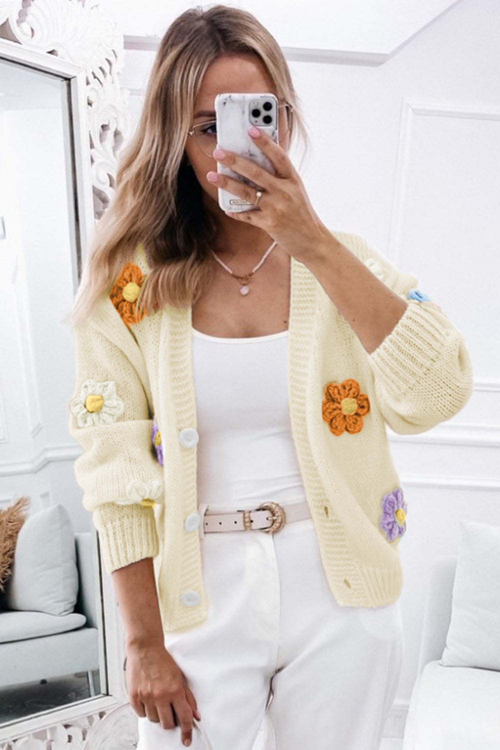 Women’s Open Fashion Sweater Beige Cute Flower Embellished Buttoned Cardigan