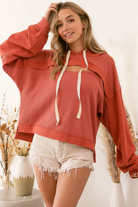 Orange Cut out Bust High Low Ribbed Hoodie