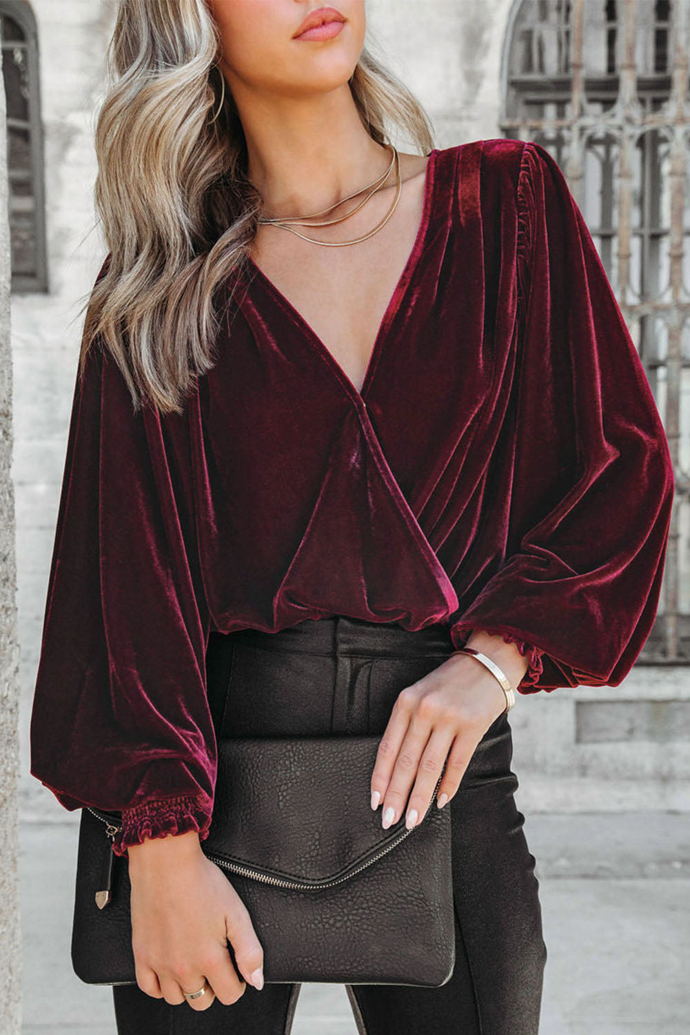 Burgundy Surplice V Neck Bubble Sleeve Velvet Bodysuit