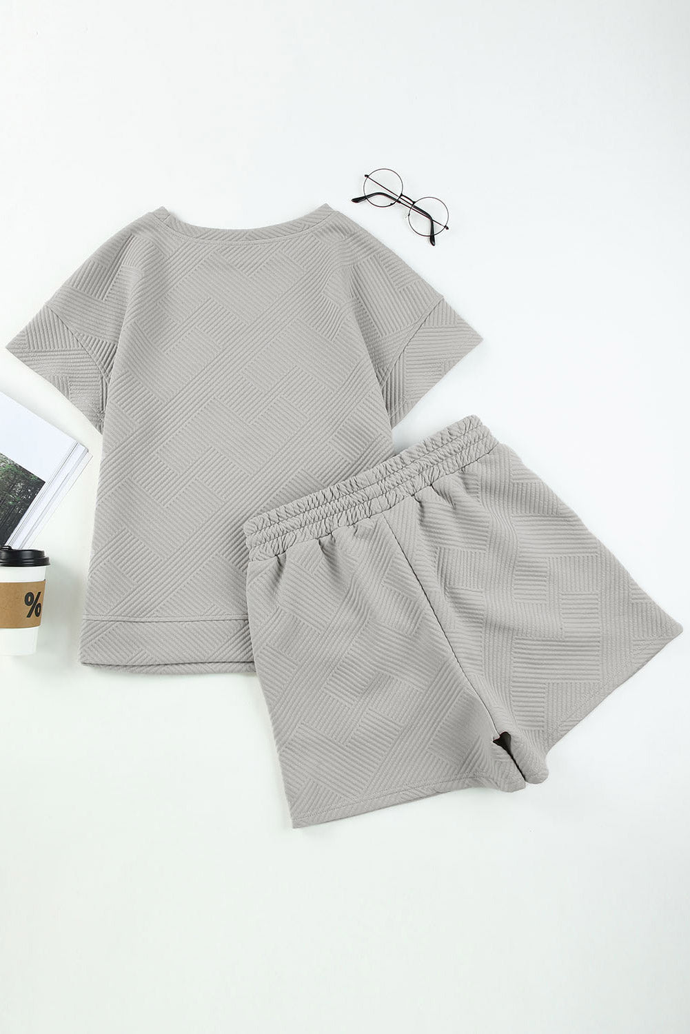 Womens Fashion Outfit Set Gray 2pcs Solid Textured Drawstring Shorts Set Loungewear Shorts