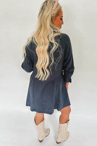 Sail Blue 3/4 Ruffled Sleeve Buttoned Crinkled Shirt Dress