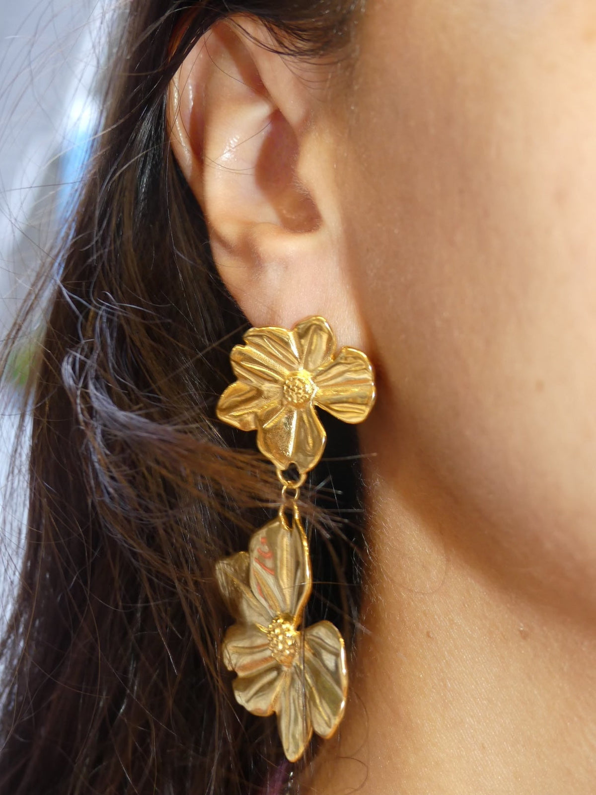 gold earrings, gold flower earrings, gold dangly earrings, chunky gold earrings, nice gold jewelry, trending gold jewelry, golden flower earrings, dangly earrings, gold accessories, designer earrings, gold designer earrings, gold plated earrings, hypoallergenic earrings, hypoallergenic jewelry, kesley fashion, jewelry wesbites, birthday gift ideas, fashion jewelry, nice gold plated earrings, cute earrings, popular earrings