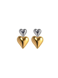 earrings, big earrings, heart earrings, silver and gold two tone earrings, statement earrings, dangle earrings, dangle heart earrings, double heart earrings, designer jewelry, jewelry sales, jewelry with hearts, chunky jewelry, chunky earrings, kesley jewelry, statement jewelry, plain big earrings, cool earrings