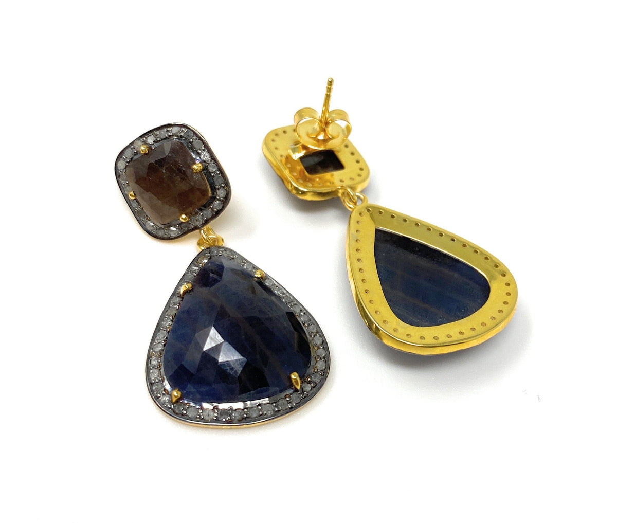 Pave Diamond Earrings, Blue Sapphire and Smoky Sapphire Earrings, Anti