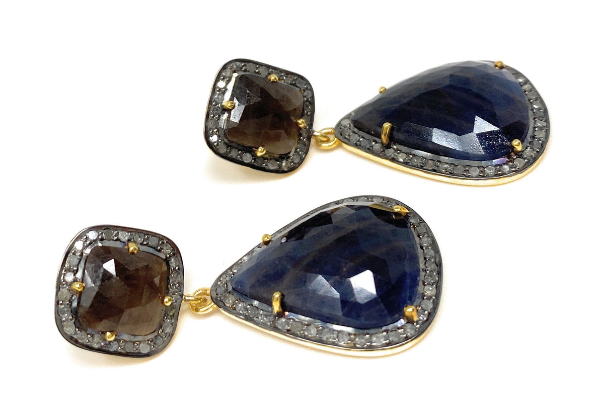 Pave Diamond Earrings, Blue Sapphire and Smoky Sapphire Earrings, Anti