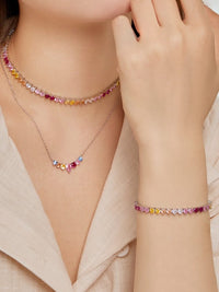 Pink Colorful Tennis Necklace Choker, Zircon .925 Sterling Silver Statement Choker Necklace