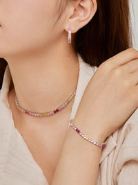 Pink Colorful Tennis Necklace Choker, Zircon .925 Sterling Silver Statement Choker Necklace