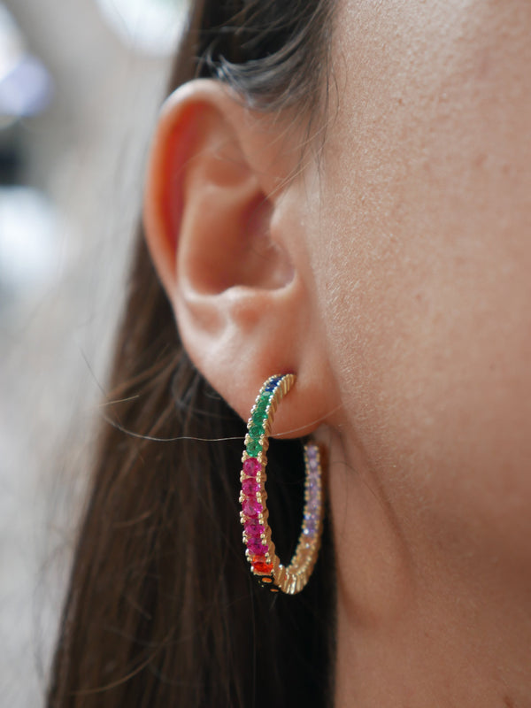 earrings, hoop earrings, gold hoop earrings, 925 sterling silver earrings, colorful diamond earrings, colorful rhinestone hoop earrings, hoop earrings with post, statement earrings, jewelry, fashion jewelry, nickel free earrings, hypoallergenic earrings, christmas gifts, birthday gifts, anniversary gifts, cool earrings, cool jewelry, trending on tiktok, fine jewelry, affordable jewelry, rainbow earrings, gold plated jewelry, big earrings, big hoop earrings, kesley jewelry