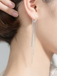 silver earrings, long earrings, long tassel earrings, long fringe earrings, silver accessories, extra long earrings, 925 sterling silver earrings, tarnish free earrings, designer earrings, huggie hoop earrings, hoop earrings that dangle , gifts ideas, birthday gifts, anniversary gifts, nice earrings, cute earrings, extra long earrings, minimalist earrings