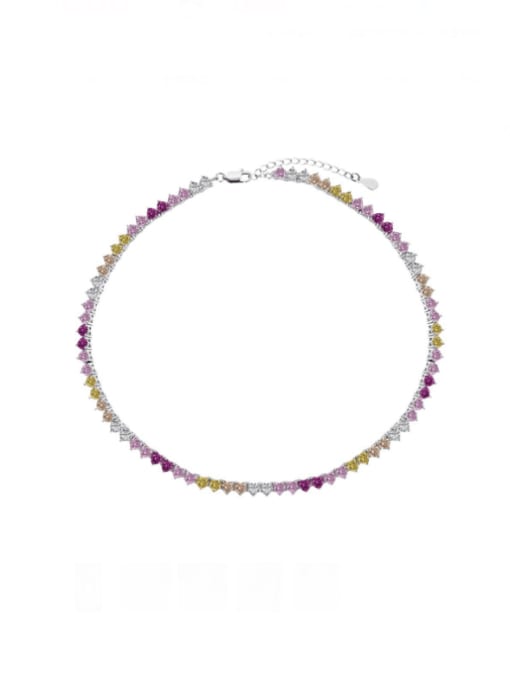 Pink Colorful Tennis Necklace Choker, Zircon .925 Sterling Silver Statement Choker Necklace