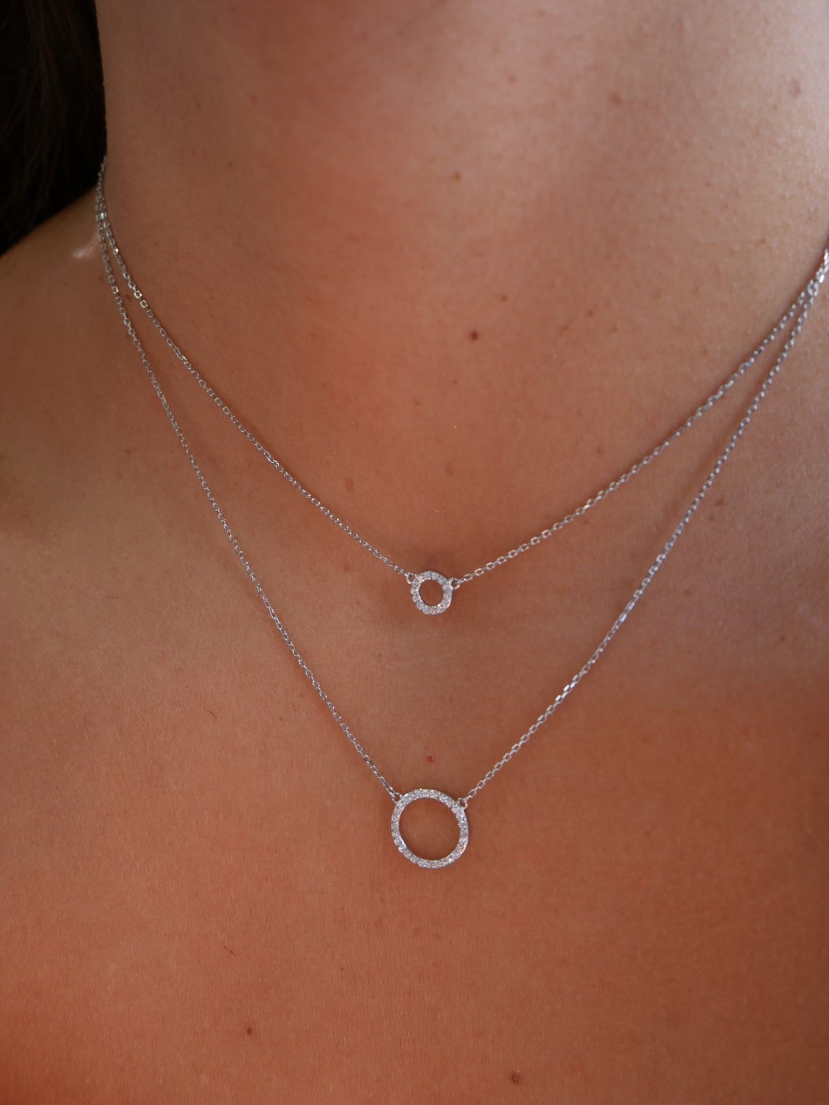 Circle Layered Necklace, 18K Gold Plated .925 Sterling Silver Diamond CZ 2:1 Dainty Necklace