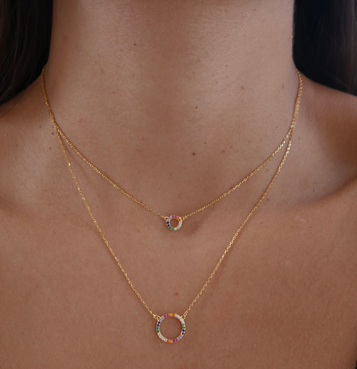 Necklaces, gold plated, circle necklaces, layered two in one necklaces, colorful, rhinestone, diamond, cubic zirconia, .925 sterling silver, hypoallergenic, waterproof, casual necklaces, accessories, fashion jewelry, everyday necklaces, luxury, designer inspired, tiffanys, prada, david yurman, popular, instagram shop, tiktok brands, nice necklaces, good quality jewelry for cheap, festival jewelry, best friend necklaces, love necklace, anniversary, graduation, dainty, kesley boutique