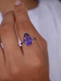 Pear Amethyst Silver Ring, .925 Sterling Silver Natural Gemstone Pear Shape Birthstone  Luxe Cocktail Ring