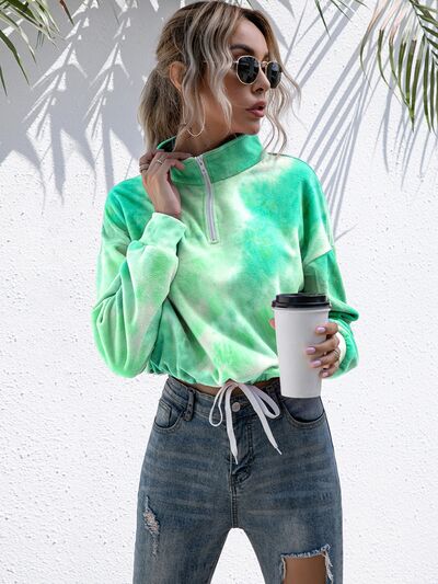 Women's Tie-Dye Sweater Cropped Quarter Zip Dropped Shoulder Fashion Sweatshirt