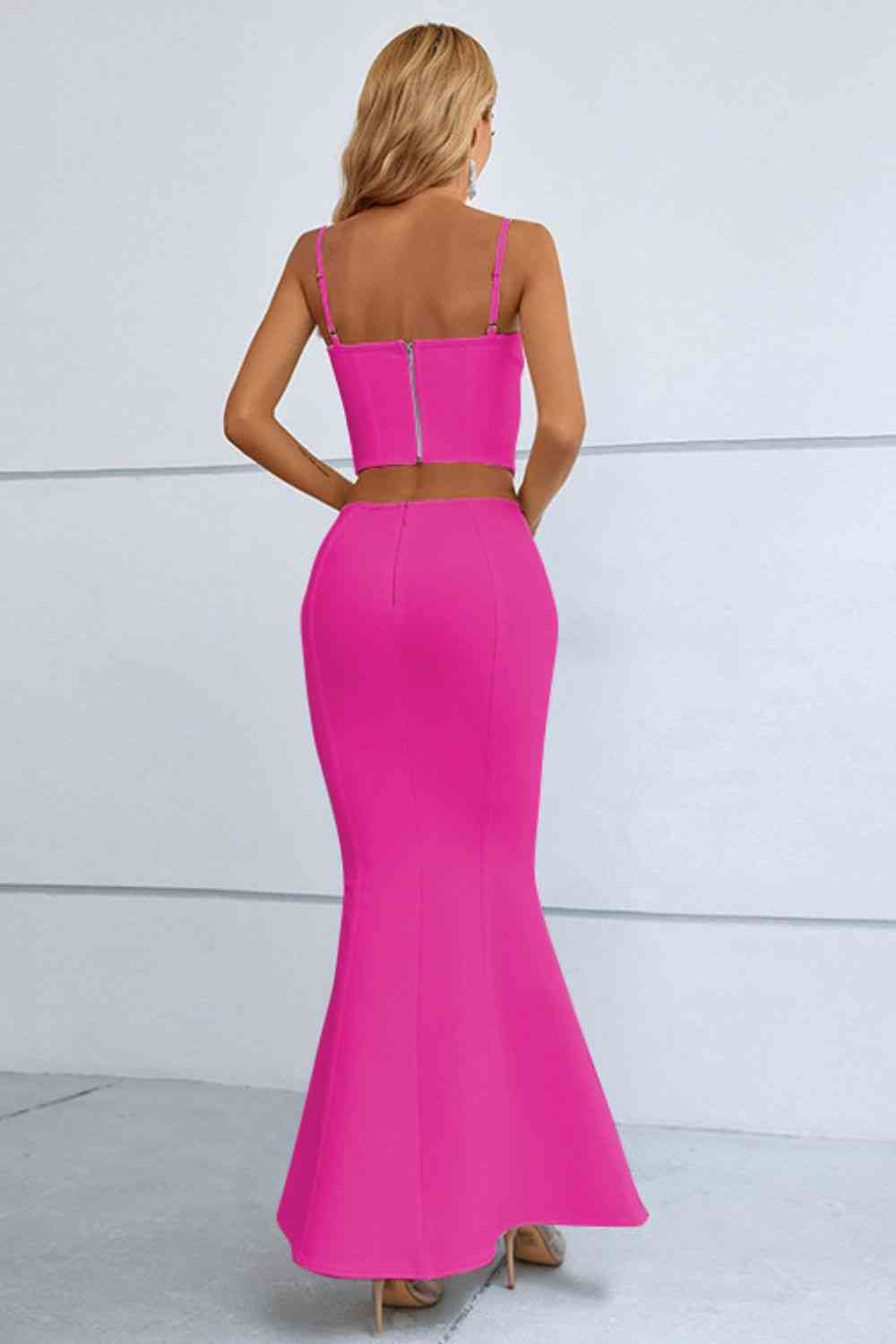 Womens Sexy Matching Outfit Cutout Hot Pink Top and Fishtail Maxi Skirt Set