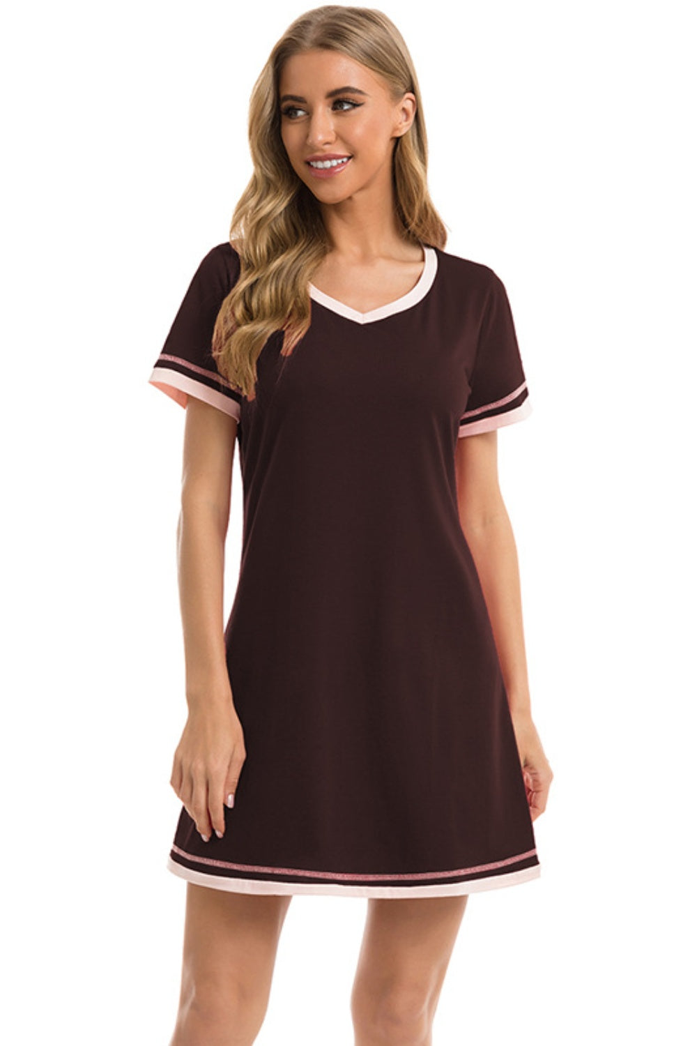 Pajama Dress Contrast Trim Short Sleeve Lounge Dress