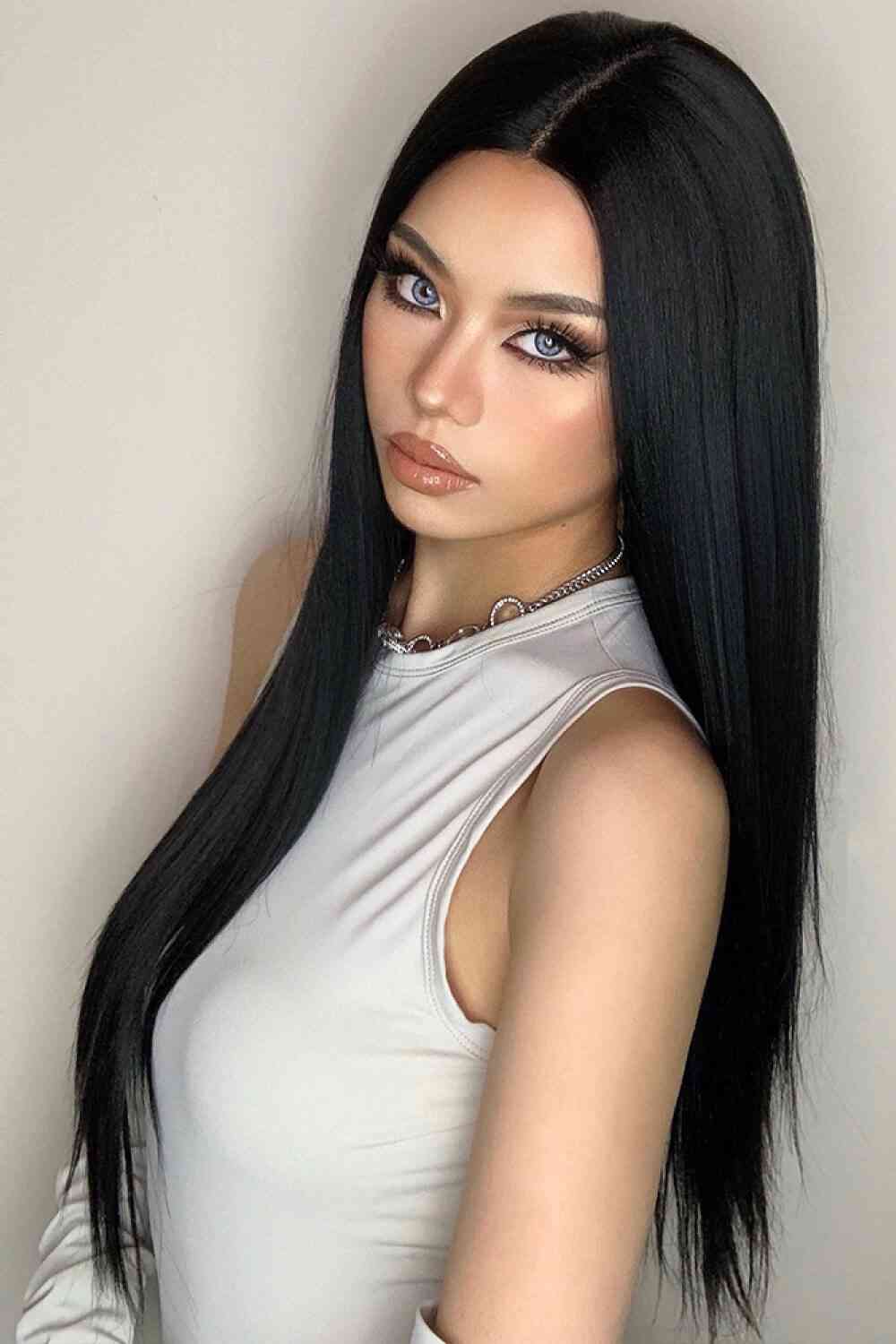 Black Hair Wigs, Long Black Wig, 13*2" Long Lace Front Straight Synthetic Wigs 26" Long 150% Density