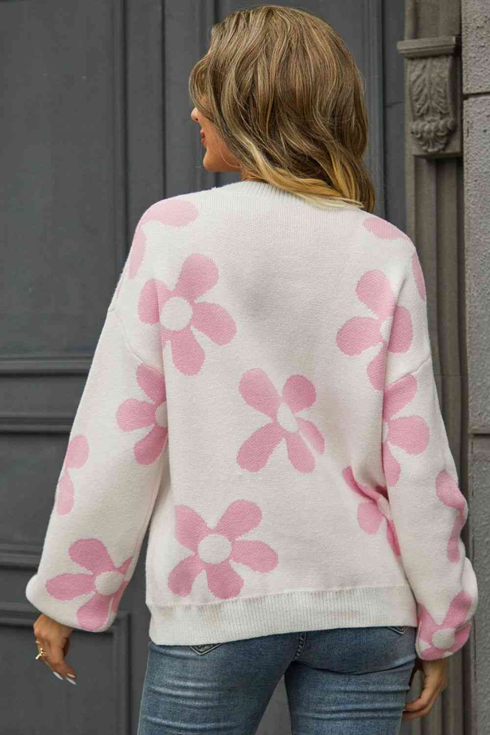 Floral Print Round Neck Dropped Shoulder Pullover Fashion Sweater