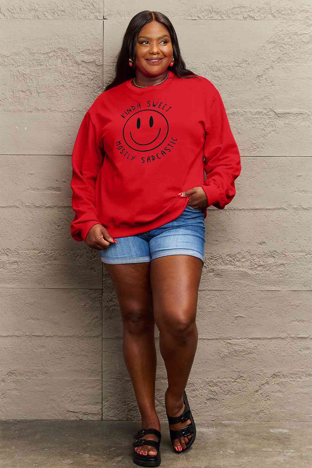 Smiling Face Graphic Sweatshirt Petite and Plus Size Fashion Sweater Happy Face