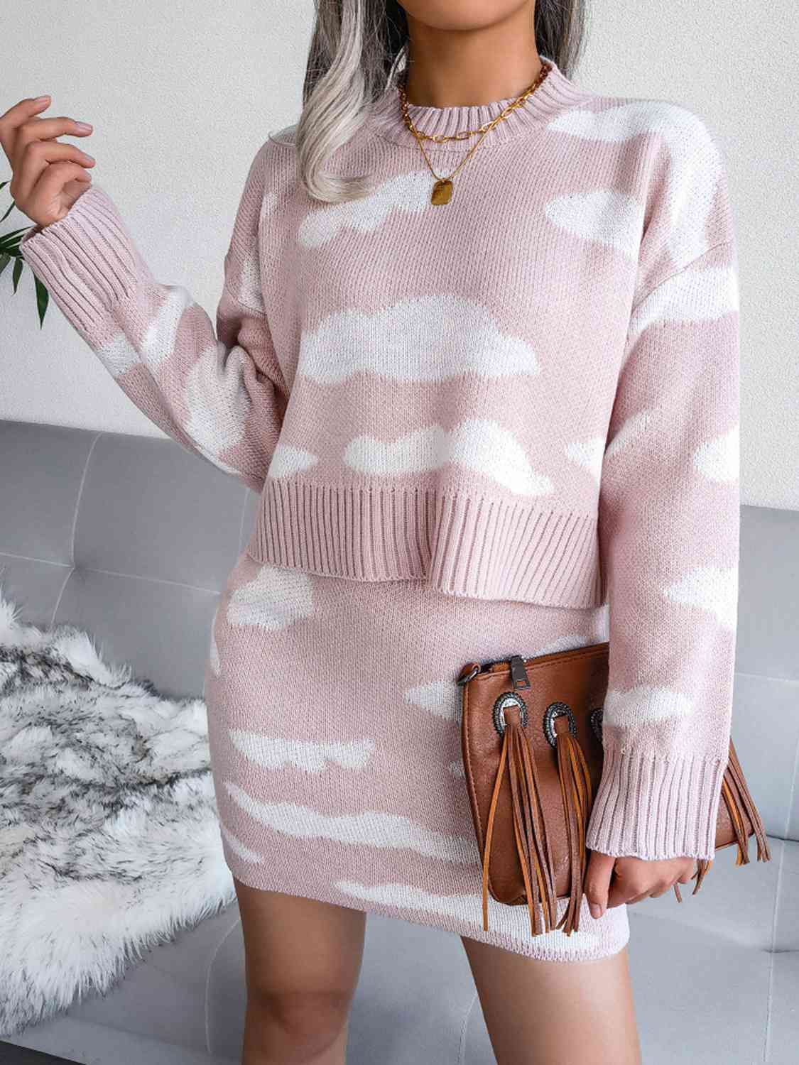 Cloud Sweater and Knit Skirt Set New Womens Fashion