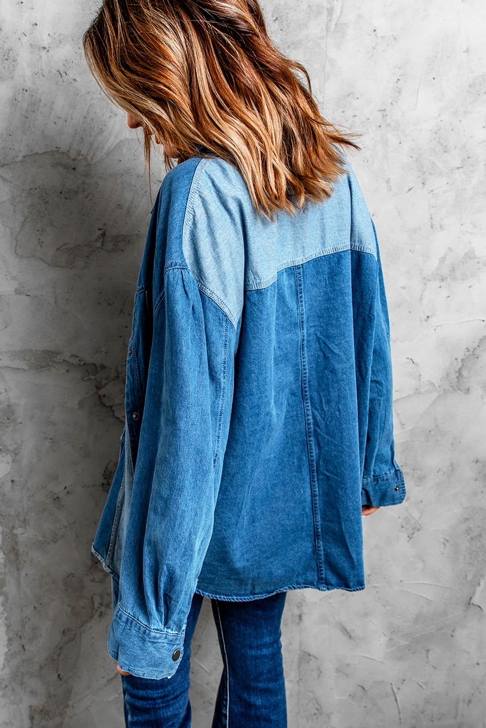 Womens Denim Long Sleeve Shirt  Color Block Snap Jacket