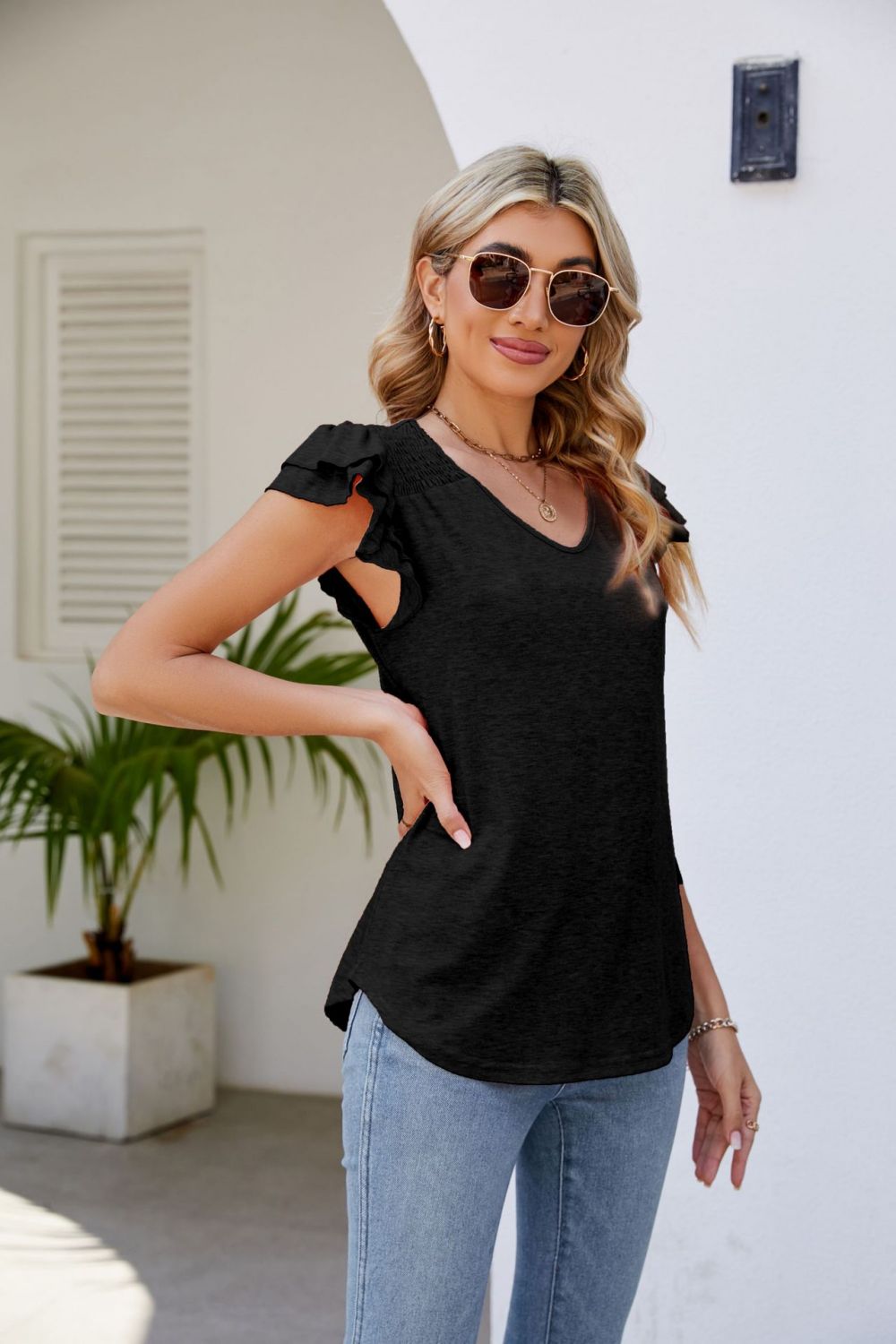 casual tops for women, black shirts for women, ruffle short sleeve shirt for woman, black, loose fitting shirts for women, tops for women, clothes for women, womens clothes