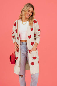 Heart Graphic Open Front Cardigan with Pockets Fashion Sweater