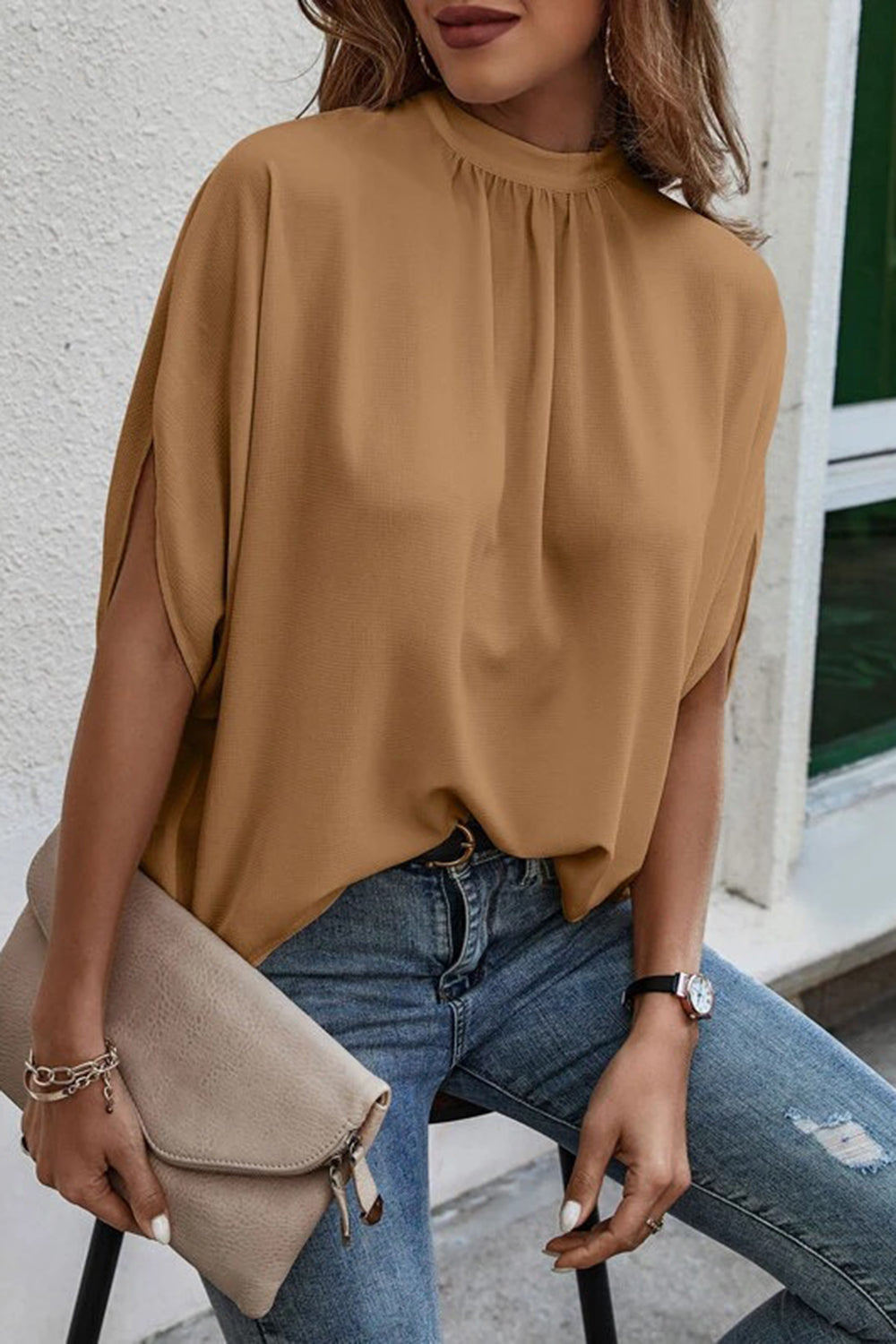 Tie Back Slit Half Sleeve Blouse Women's Solid Color Loose Fit Top