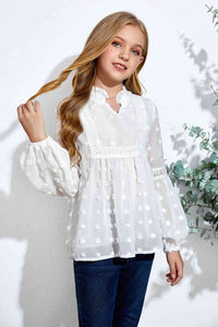 Girls Swiss Dot Spliced Lace Notched Blouse Kids Fashion