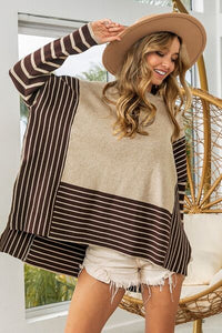 Fashion Baggy Sweater Poncho Shirt Striped Contrast Long Sleeve Slit Sweater Top New Casual Womens Fashion