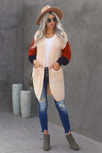 Color Block Rib-Knit Longline Cardigan with Front Pockets