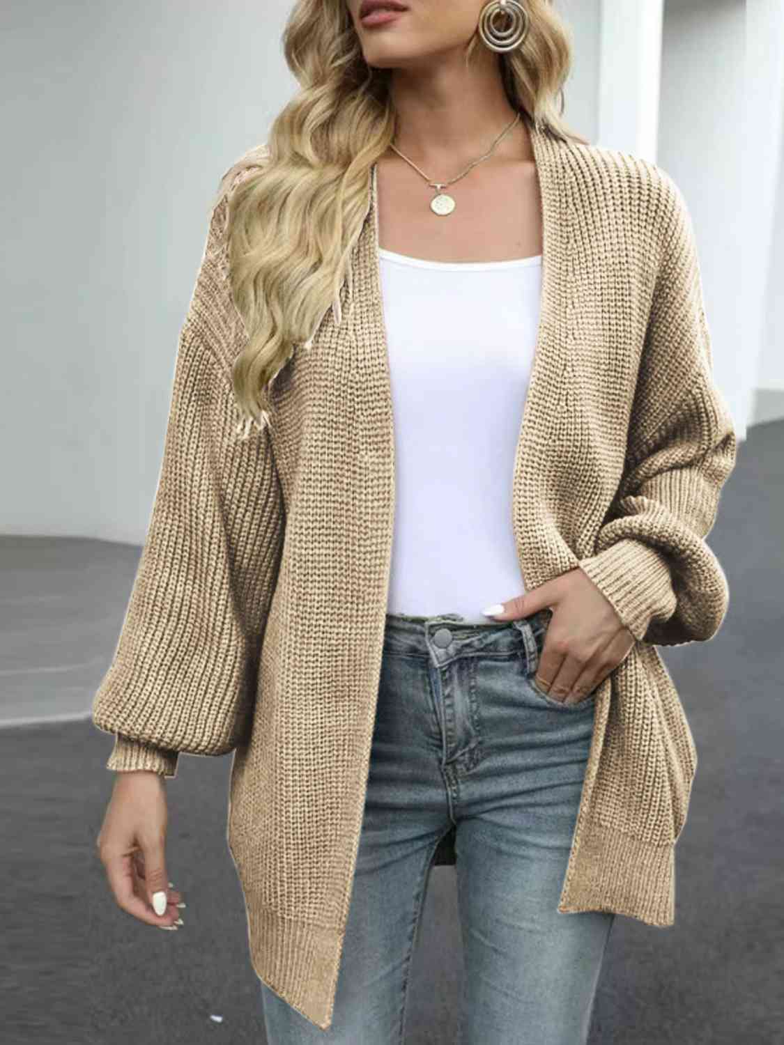 Drop Shoulder Balloon Sleeve Crochet Cardigan