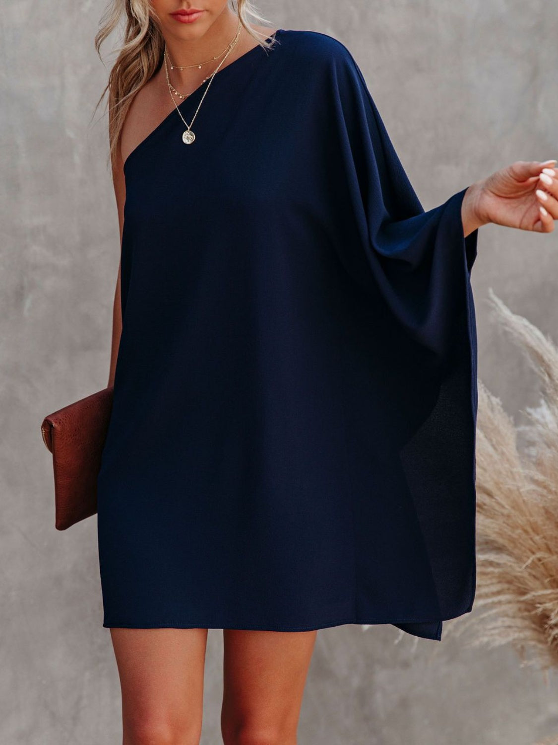 Women's off The Shoulder Satin Short Dress Ladies Single Shoulder Kimono Sleeve Mini Dress