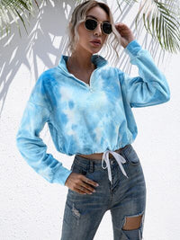 Women's Tie-Dye Sweater Cropped Quarter Zip Dropped Shoulder Fashion Sweatshirt