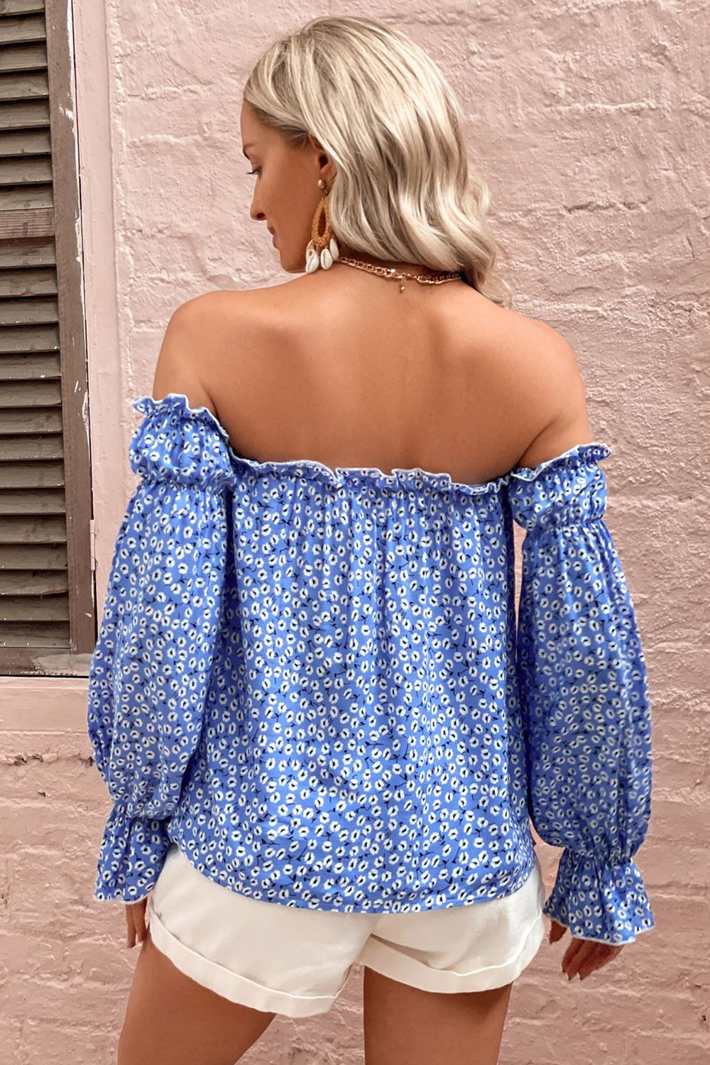 Women's Off Shoulder Shirt Blue Printed Frill Trim Blouse