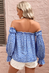 Women's Off Shoulder Shirt Blue Printed Frill Trim Blouse