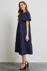 Cotton Short Sleeve Midi Dress Women's Fashion Navy Blue Casual Poplin Ruffle Tiered Midi Dress Petite and  Plus Size Fashion