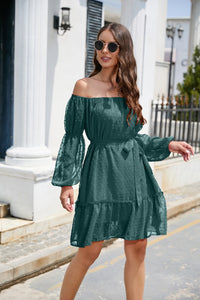 Casual Long Sleeve Short Dress Women's Fashion Waist Tie Swiss Dot Off-Shoulder Balloon Sleeve Dress