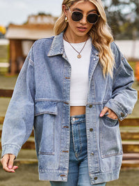 Collared Neck Button Up Denim Jacket - Shacket