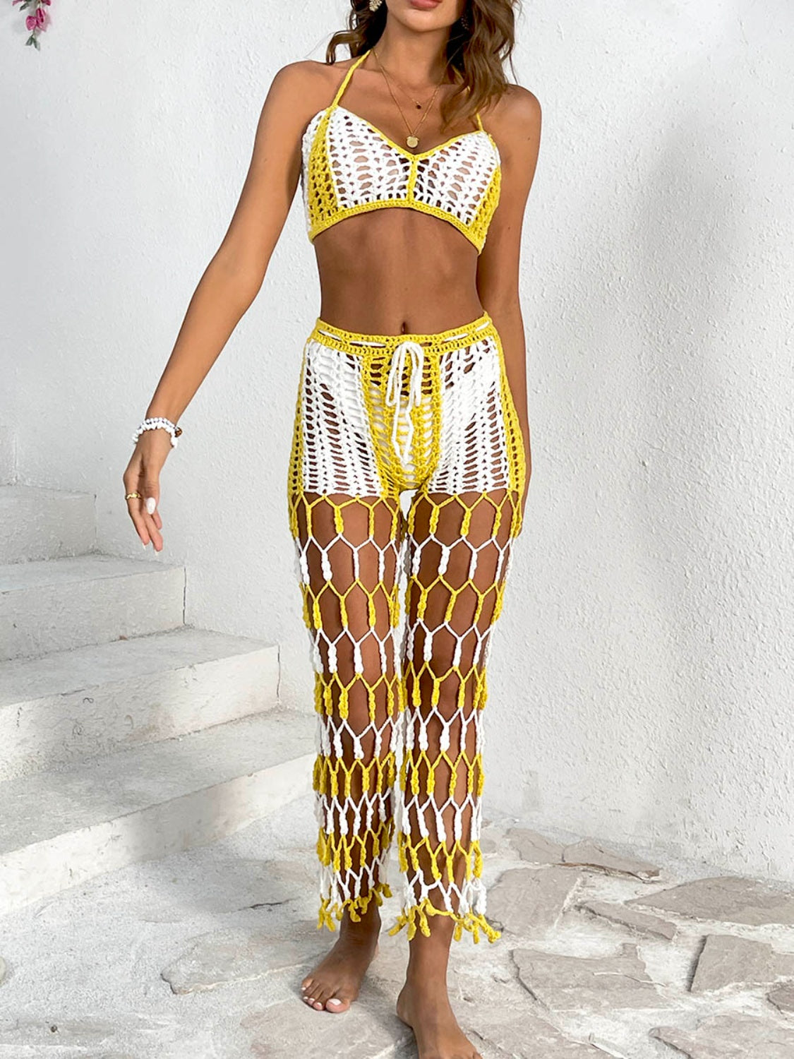 Crochet Two Piece Outfit Set Swimsuit Cover Up Cutout Halter Neck Crop Top and Pants Two-Piece Swim Set