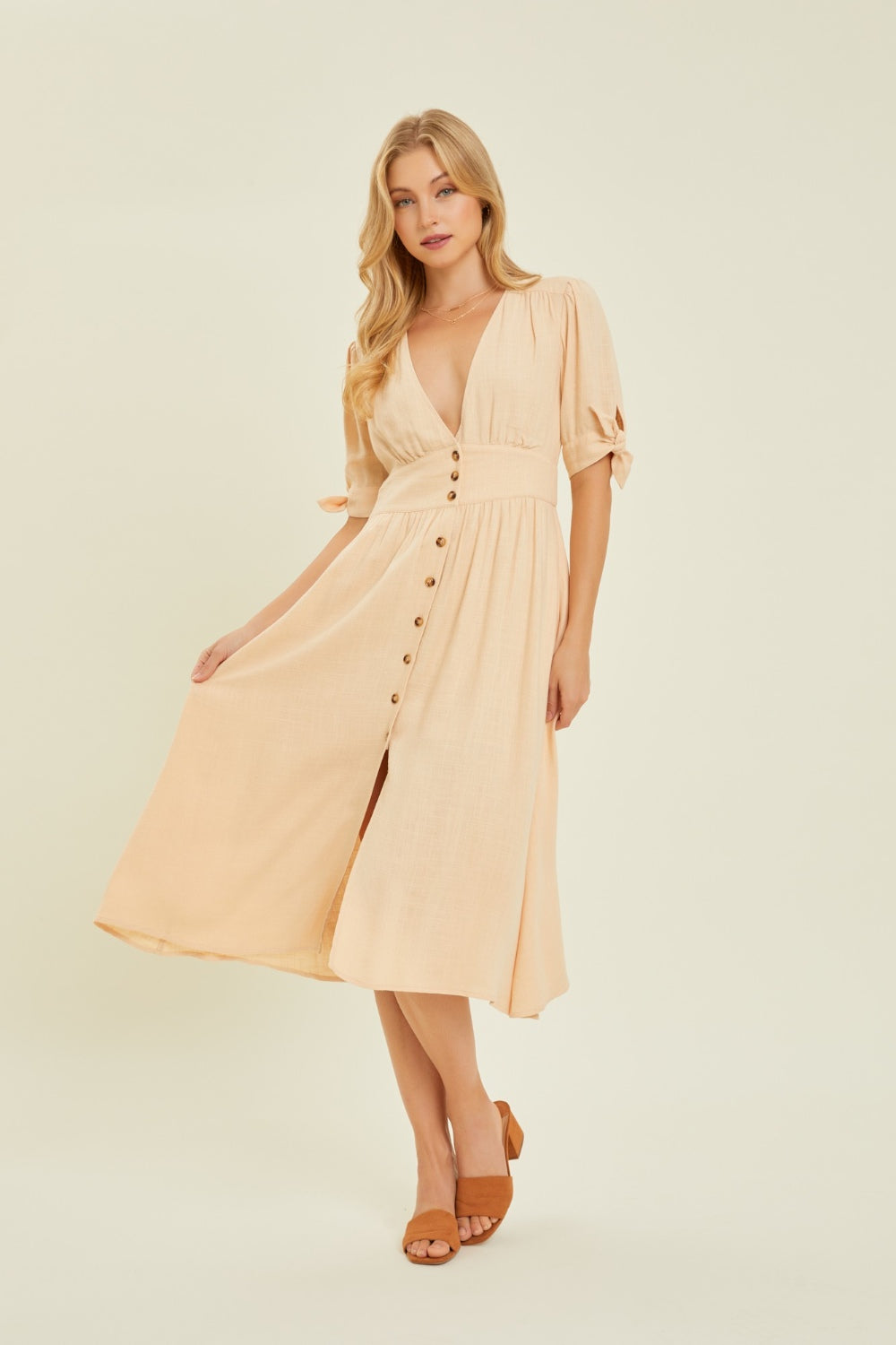 KESLEY Linen V-Neck Button-Down Midi Dress Petite and Plus Size Women’s Fashion Casual Dresses