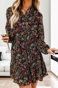 Womens Casual Printed Notched Long Sleeve Short Dress