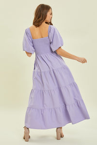 Lilac Puff Sleeve Tiered Ruffled Poplin Long Dress Women's Casual Cotton Short Sleeve Maxi Dresses KESLEY