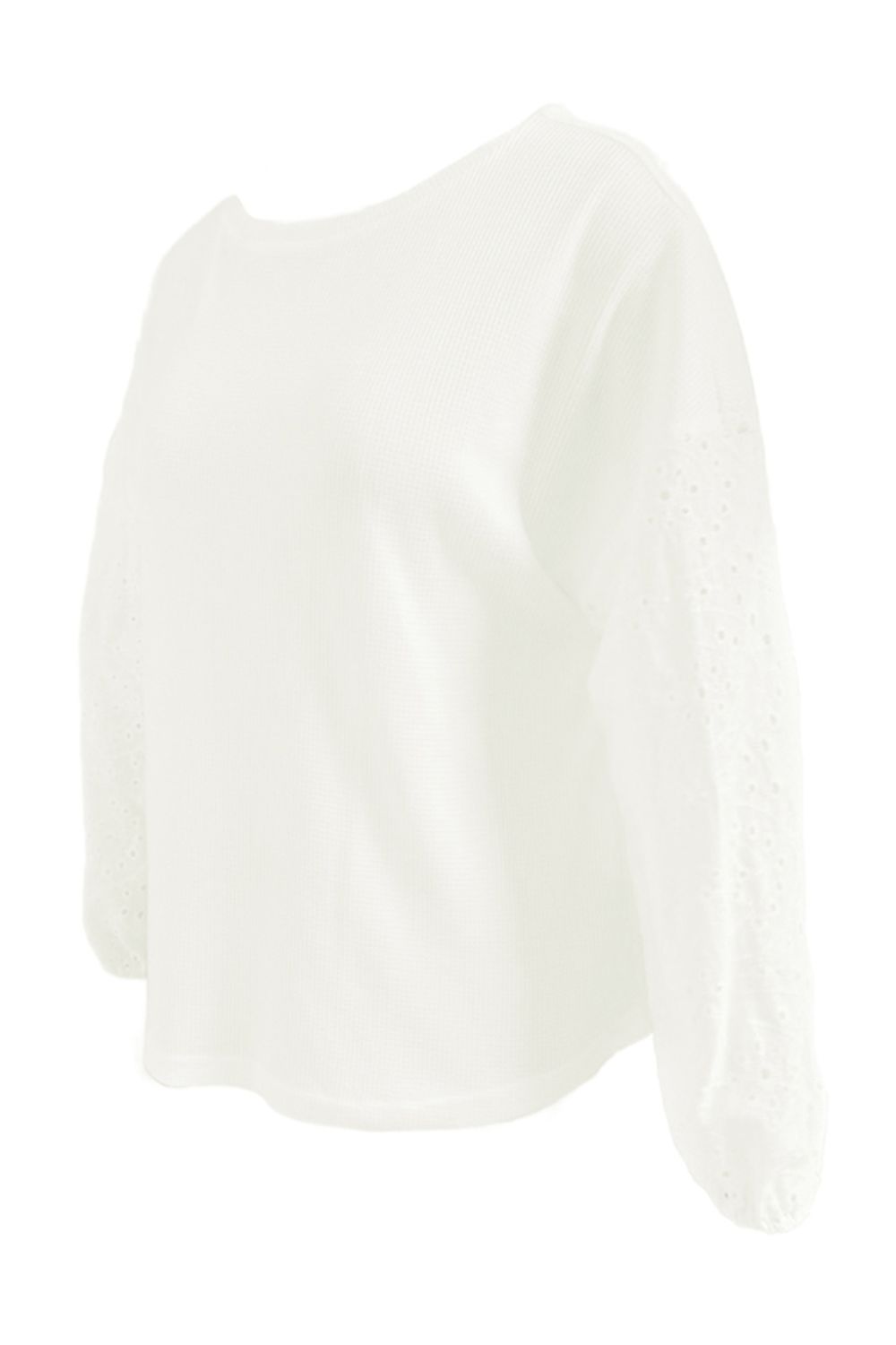 Women's White Long Sleeve Shirt Openwork Lace Detail Dropped Shoulder Boat Neck  Loose Fit Blouse