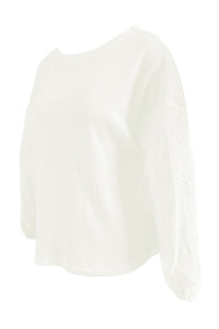 Women's White Long Sleeve Shirt Openwork Lace Detail Dropped Shoulder Boat Neck  Loose Fit Blouse